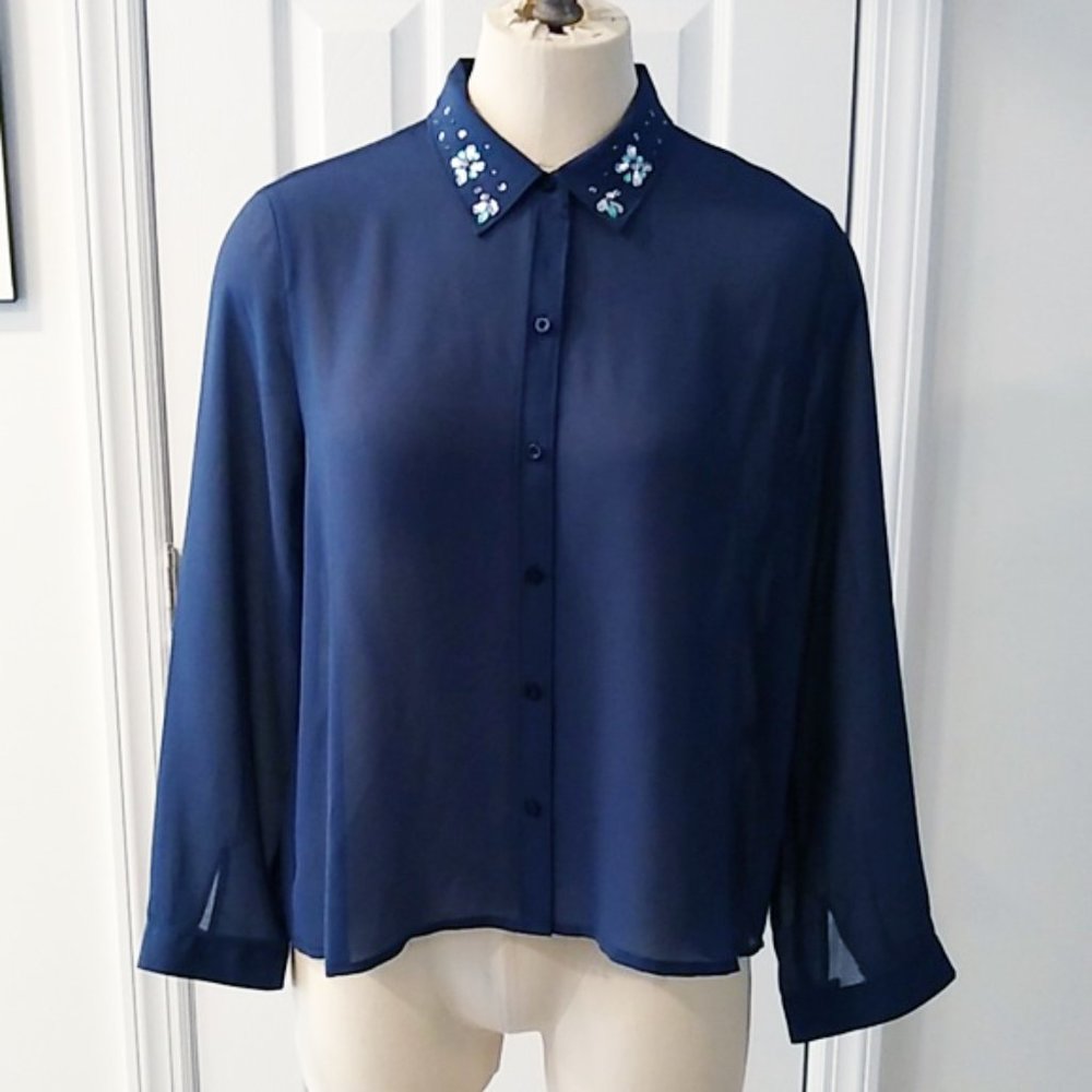 Hollister Sheer Navy Button Down Top